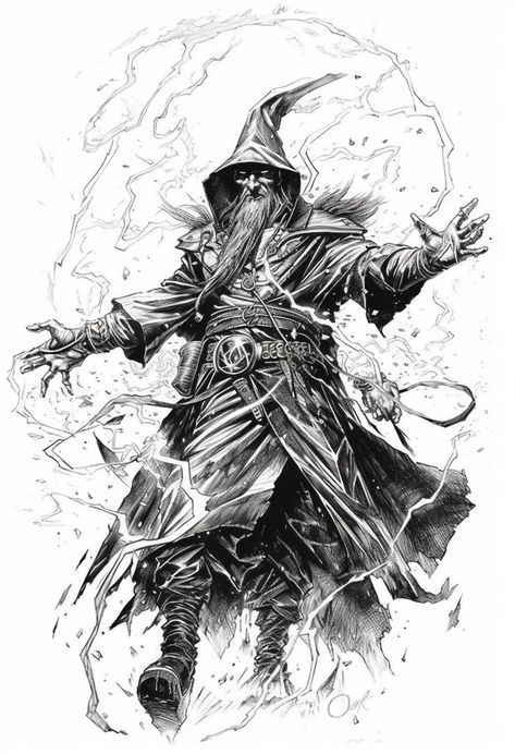 Wizard Drawings, Wizard Tattoo, Norse Mythology Tattoo, Dark Costumes, Medieval Dragon, Advanced Dungeons And Dragons, Fantasy Wizard, Art Zine, Dungeons And Dragons Art