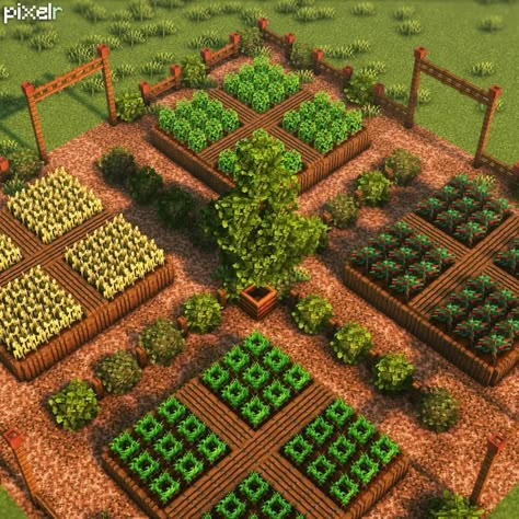 Garden Idea Minecraft, Cute Garden Ideas Minecraft, Minecraft Cottage Garden, Aesthetic Minecraft Farm Builds, Farming Ideas Minecraft, Minecraft Garden Aesthetic, Minecraft Spruce Village Transformation, Minecraft Rooftop Garden, Practical Minecraft Builds