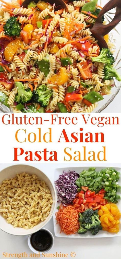 Asian Pasta Salad (Gluten-Free, Vegan) | Strength and Sunshine | The most delicious Asian Pasta Salad recipe that's gluten-free, vegan, and allergy-friendly! This super easy and flavor-packed cold pasta salad is loaded with bright and crisp fresh veggies and tossed with an amazing soy-free dressing that's the perfect balance of tangy, sweet, spicy, and umami! Perfect for a potluck or side dish to feed a crowd! Asian Pasta Salad Recipes, Gluten Free Pasta Salad Recipes, Gluten Free Vegan Pasta, Gluten Free Potluck, Asian Pasta Salad, Asian Pasta Salads, Asian Pasta, Gluten Free Pasta Salad, Dairy Free Salads