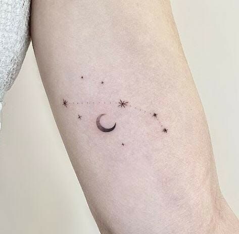 Aries Constellation Tattoo Aries Zodiac Tattoos Constellation, Aries Sign Tattoo Symbols, Aries Constilation Tattoo, Aries Constalation Tatoos, Constellation Moon Tattoo, Mars Tattoo Aries, Aries Star Sign Tattoo, Aries Moon Tattoo, Zodiac Tattoos Constellation