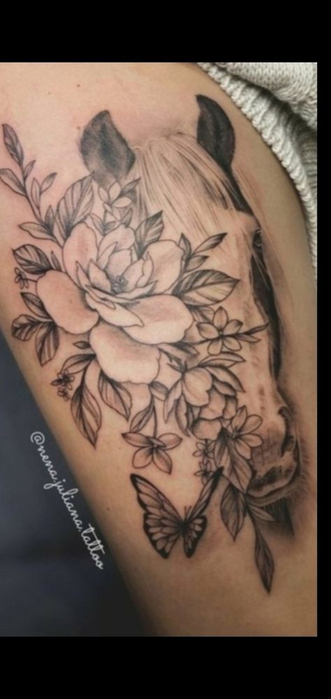 In Memory Horse Tattoo, Horse Floral Tattoo, Horse Forearm Tattoo, Horse Tattoo With Flowers, Horse Tattoos For Women, Horse Memorial Tattoo, Horse Memorial, Flower Sleeve, Flower Tattoo Sleeve