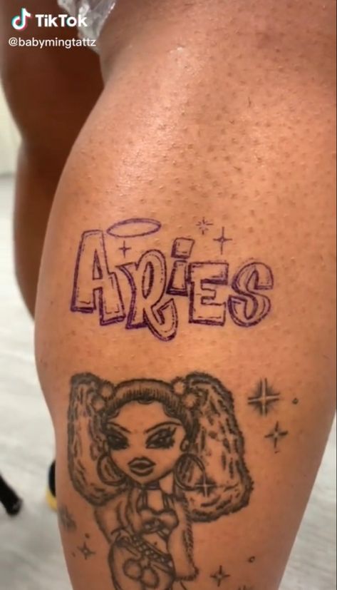 Small Bratz Tattoo, Girly Filler Tattoos, Thigh Tattoos Women Colorful, The Weekend Tattoos Ideas, Bratz Tattoo Idea, Big Three Tattoo, Medium Tattoos For Black Women, Cartoon Tattoos Women, Baddie Leg Tattoos