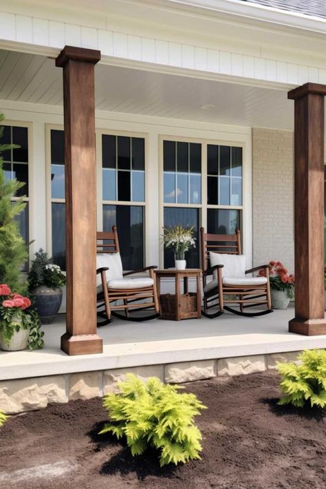 40 Farmhouse Porch Columns To Achieve a Rustic Entryway! Farmhouse Porch Columns, Front Porch Posts, Farmers Porch, Front Porch Addition, Exterior Columns, Front Porch Columns, Front Porch Railings, Ranch House Remodel, Porch Wood