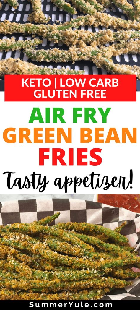 How do you air fry green beans? Let me show you! These crispy air fryer green bean fries are a DELICIOUS way to enjoy this non-starchy vegetable. You’ll love that these low carb keto green bean fries with pork rinds have only 5.8 grams of net carbs per serving. Serve them up with warm marinara for a vegetable snack that everyone will want to eat! They air fry in only 3-5 minutes! #airfryer #airfrying #keto #lowcarb #lchf #glutenfree #porkrinds #greenbeans #snack #sidedish #appetizerrecipes Lazy Keto Air Fryer Recipes, Air Fried Green Beans Keto, Green Beans In Air Fryer Recipe, Keto Air Fryer Green Beans, Air Fried Green Beans Fries, Green Bean Fries Keto, Crispy Air Fried Green Beans, Green Beans Air Fryer Crispy, Keto Fried Green Beans