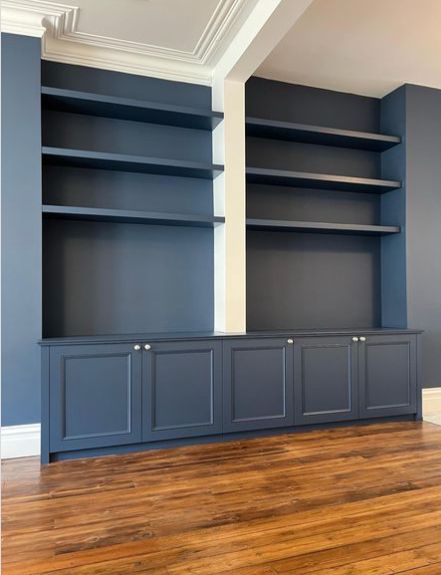 Kitchen With Navy Lower Cabinets, Best Navy Blue Cabinet Paint Colors, Best Navy Cabinet Paint Color, Dark Navy Kitchen Cabinets Farmhouse, Benjamin Moore Newburyport Blue Cabinets, Navy Blue Built In Cabinets, Hale Navy Laundry Room Cabinets, Navy Cabinets Living Room, Dark Blue Painted Kitchen Cabinets