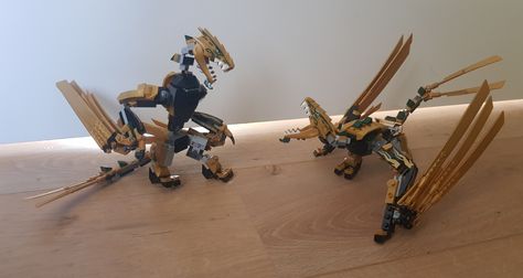 I got the set twice, which gave me the opportunity to co evolve them. They look the same though they are slightly different. Lego Ninjago Dragon, Lego Monster, Lego Room Decor, Lego Dragon, Lego Universe, Ninjago Dragon, Bionicle Mocs, Lego Sculptures, Lego Diy