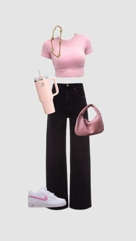 Cute Pink outfit! Black And Pink Outfit Aesthetic, Black And Pink Outfit Ideas, Outfit Black And Pink, Pink Outfits Aesthetic, Black And Gold Outfit, Cute Pink Outfits, Hot Pink Outfit, Black Pants Outfit, Jeans Outfit Women