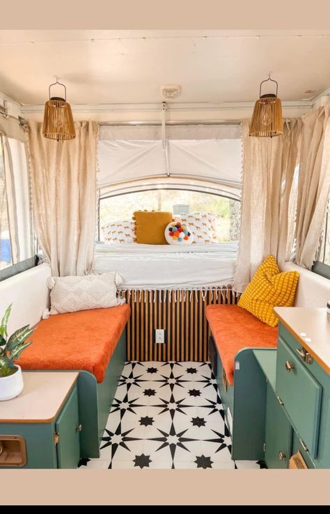 Fun Camper Remodel, Retro Camper Paint Job, Shasta Trailer Interior, Tent Trailer Decor, Colorful Camper Remodel, 60s Camper Interior, Camper Design Interior, Cute Trailer Interior, Colorful Camper Interior