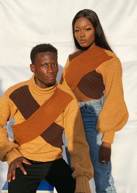 Crochet Couple Sweater, Small Black Business, Couples Fashion, Crochet Men, Couples Sweaters, Crochet T Shirts, Recycled Sweater, Crochet Headband Pattern, Crochet Stitches For Beginners