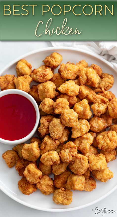 popcorn chicken with a red dipping sauce Chicken Popcorn, Popcorn Chicken Recipe, Best Popcorn, Popcorn Chicken, Kid Friendly Dinner, Chicken Dishes Recipes, Dinner Idea, Homemade Sauce, Best Appetizers