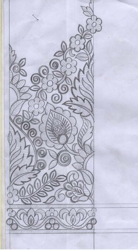 Pallu Sketch Design, Geometrical Border Design, Embroidery Patterns Sketch, Daman Design Sketch, Embroidery Sketches Design Drawings, Embroidery Sketches Design, Floral Textile Prints, Textile Border Design, Embroidery Designs Sketch