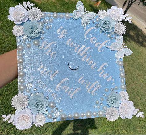 Light Blue Cap And Gown Graduation, Decoration Cap Graduation, Baby Blue Graduation Cap, Light Blue Grad Cap Ideas, Bible Quotes For Graduation Caps, Graduation Cap With Butterflies, All Glory To God Graduation Cap, Glittery Graduation Cap Ideas, Class Of 2023 Cap Ideas