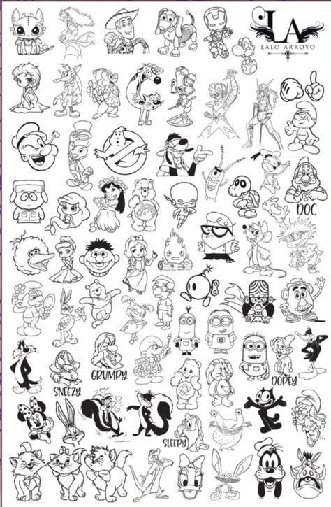 Goofy And Max Tattoo, Cartoon Tattoos Black And White, Cool Flash Art, Tmnt Flash Tattoo, Mr Potato Head Tattoo, Cartoon Tattoo Ideas Disney Characters, Cartoon Characters With Tattoos, Nickolodian Characters Tattoos, 80s Cartoon Tattoo Ideas