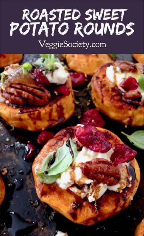 The Best Roasted Sweet Potato Rounds Appetizers with Cranberries, Balsamic Glaze and Vegan Goat Cheese ⭐️⭐️⭐️⭐️⭐️ #plantbased #appetizers #thanskgiving #christmas #easyrecipe #veganrecipes Sweet Potato Goat Cheese Cranberry, Vegan Sweet Potato Appetizers, Roasted Sweet Potato Rounds With Honey And Feta, Sweet Potatoes Goat Cheese Cranberries, Sweet Potato Rounds Appetizer, Vegan Crostini Appetizers, Roasted Veggie Appetizer, Sweet Potato Hors D’oeuvres, Sweet Potato Rounds With Goat Cheese