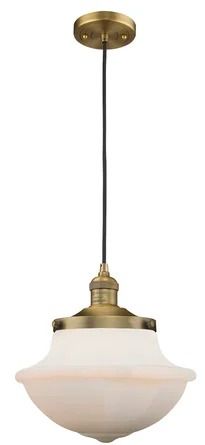 Breakwater Bay Draeger 1-Light Single Schoolhouse Pendant | Wayfair Kitchen Lighting Fixtures, School House, Industrial Pendant, Hanging Pendant Lights, Glass Pendant Light, Hanging Pendants, Incandescent Bulbs, Brushed Brass, Mini Pendant