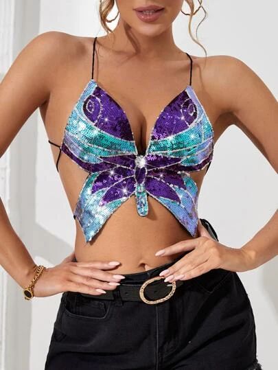 Lace Up Backless Butterfly Embroidered Cami Top | SHEIN USA Top Borboleta, Dance Tops Bras, Teenage Halloween Costumes, Embroidered Cami Top, Belly Dance Bra, Sequin Cami Top, Butterfly Tank Top, Top Spaghetti Strap, Rave Fits