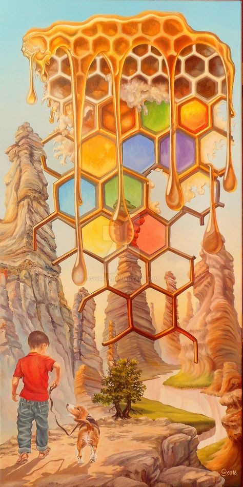 INTO THE MILK AND HONEY LAND BY GYURKA (GYURI LOHMULLER) Land Of Milk And Honey Art, Surrealist Painters, Honey Illustration, Honeybee Art, Honey Art, Artist Study, Magic Realism, Surrealism Painting, Canvas Painting Diy