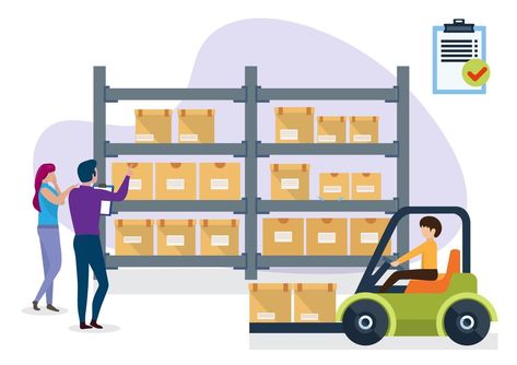 Storage boxes in warehouse store. Distribution and Delivery Storage concept. Man and woman are checking list, forklift driver picking up palette of boxes. Flat style cartoon illustration vector Packing Boxes, Flat Style, Illustration Vector, Cartoon Illustration, Fashion Flats, Storage Boxes, Sleeve Tattoos, Vector Art, Vector Free