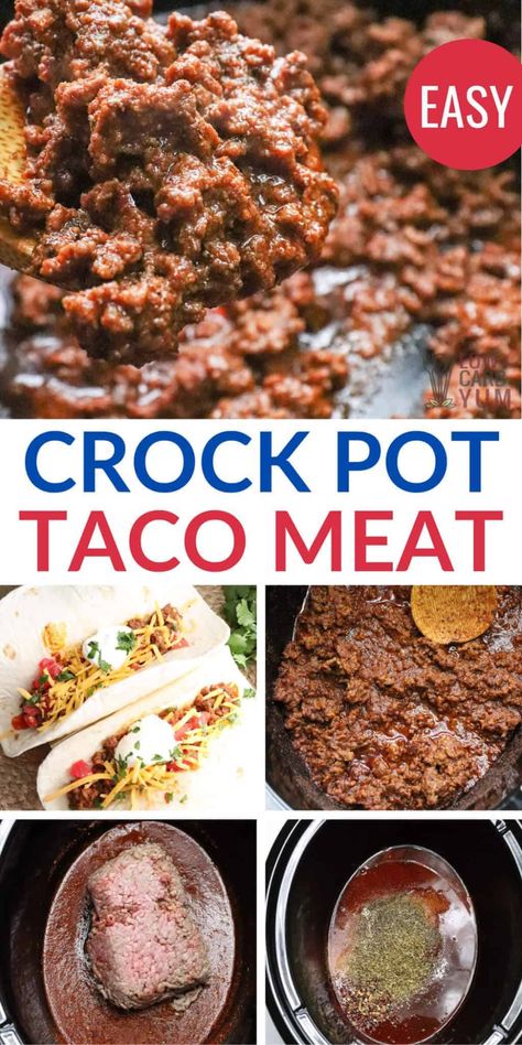 Easy crock pot tacos with slow cooker taco meat are a simple keto meal idea. The best part is it requires very little time in the kitchen! #slowcooker #crockpot #lowcarbyum Taco In Crockpot Ground Beef, Taco Meat In Crockpot Ground Beef, Taco Meat Crockpot, Crock Pot Taco Meat, Slow Cooker Taco Meat, Crockpot Tacos, Crockpot Taco Meat, Slow Cooker Beef Tacos, Low Carb Taco Seasoning