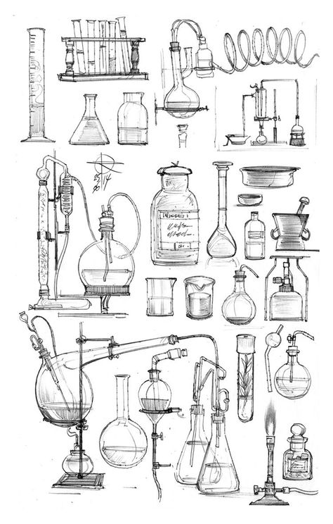 Chemical Laboratory, Chemistry Art, Petit Tattoo, Object Drawing, Laboratory Equipment, 캐릭터 드로잉, Prop Design, Science Art, Drawing Tips