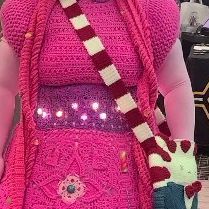 Sarah Green on Instagram: "The fully finished crochet Princess Bubblegum! 💙 #crochet #cosplay #crochetcosplay #yarncosplay #adventuretime #fanexpo" Princess Bubblegum Costume Diy, Princess Bubblegum Sweater Crochet, Princess Bubblegum White Sweater, Princess Bubblegum Cosplay Makeup, Bubblegum Outfits Adventure Time, Crochet Cosplay, Crochet Wig, Crochet Princess, Princess Bubblegum