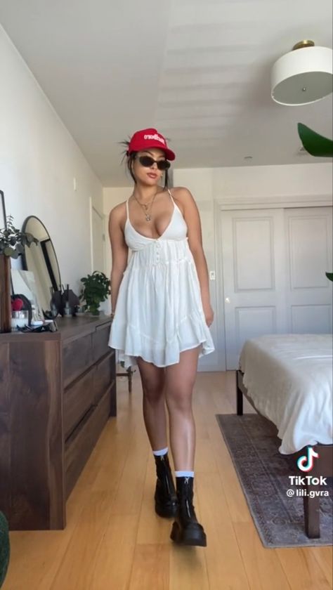 White Combat Boots Outfit Dress, Summer Festival Hat, Combat Boots Summer Outfit, Summer Combat Boots Outfit, White Combat Boots Outfit Fall, Dress With Combat Boots Outfit, White Dress Black Boots, Dress And Combat Boots Outfit, Combat Boots Summer