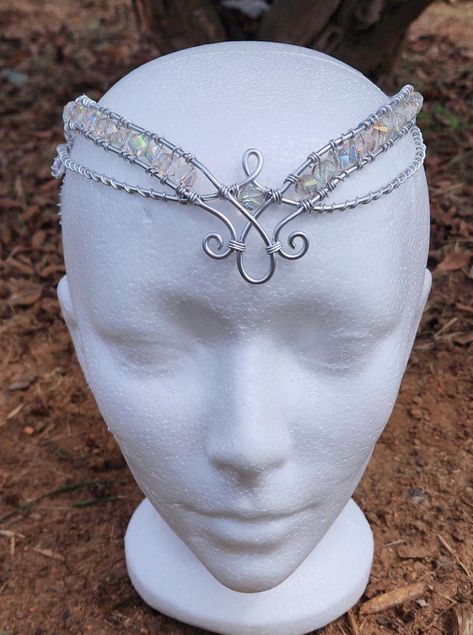 Handmade elegant silver wire circlet with clear iridescent accented beads. Great for weddings, costumes, cosplay, festivals, or personal wear.  Can also be made with yellow gold or copper colored wire, or a variety of color of beads! Can be made in child's size upon request!  Please message me for custom alterations before purchasing. Fairy Circlet Diy, Celtic Headpiece, Elven Headdress, Wire Elf Crown, Wire Circlet, Circlet Crown, Metal Circlet Crown, Elven Fairy, Elven Circlet