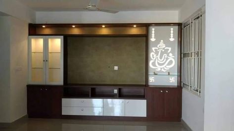 Wall Tv Unit Design With Temple, Pooja Room Attached With Tv Unit, Puja Unit Design In Living Room, Tv Cabinet With Pooja Unit, Pooja Cabinet, Simple Tv Unit Design, Puja Unit, Tv Unit Designs, Pooja Unit