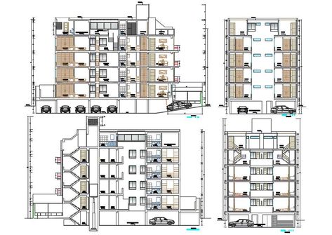 The accommodation building sectional elevation design which consist 5 storey floor level building structure design, standard section, basement parking with ramp and cross furniture design. download residence accommodation building design AutoCAD file. Building Structure Design, Site Development Plan Architecture, Sectional Elevation, Parking Plan, Basement Parking, Site Development Plan, Residential Building Plan, Parking Building, Building Design Plan