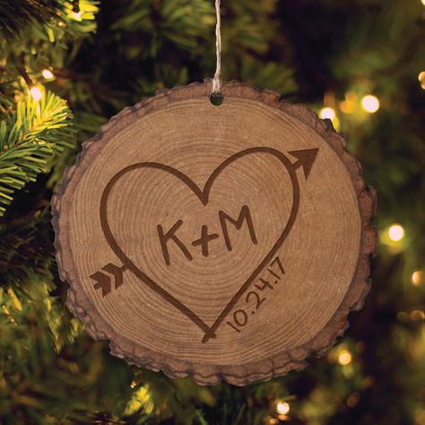 Free 2-day shipping on qualified orders over $35. Buy Personalized Heart Of Love Bark Ornament at Walmart.com Couple Ornaments Diy, Heart Of Love, Diy Couple, Couple Crafts, Couples Christmas Ornament, Couple Christmas, Homemade Ornaments, Wood Burning Crafts, Wood Slice Ornament