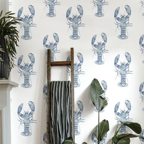 Harborside | Nautical Blue Lobster Wallpaper Wallpaper Bathroom Beach House, Fun Wallpaper For Kids Bathroom, Blue Crab Wallpaper, Fun Wallpaper For Bathroom, Peel And Stick Coastal Wallpaper, Nautical Wallpaper Bathroom, Blue Seashell Wallpaper, Lobster Nursery, Blue And White Wallpaper Bathroom