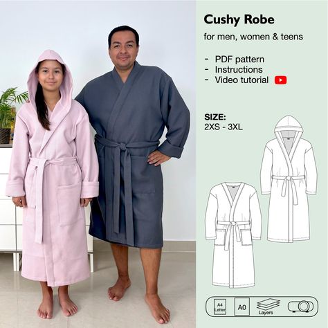 Cushy robe sewing pattern Bathrobe Pattern, Different Necklines, Bath Robes For Women, Mode Kimono, Hooded Robe, Free Sewing, Kimono Fashion, Pdf Sewing Patterns, Low Cost