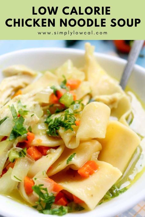 This Low Calorie Chicken Noodle Soup recipe is hearty, healthy, AND low in calories. In just 40 minutes, make a homemade soup that tastes like it has been on the stove for hours. Kid Friendly Soup Recipes, Easy Chicken Noodle Soup Recipe, Spring Soup Recipes, Low Calorie Soup Recipe, Easy Chicken Noodle Soup, Summer Soup Recipes, Vegetable Noodle Soup, Low Calorie Recipes Dinner, Clean Dinner Recipes