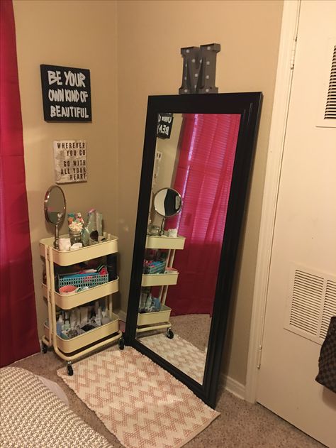 On The Floor Makeup Station, Makeup Area In Bedroom On Floor, Makeup Area In Bedroom, Makeup Basket, Floor Vanity, Vanity With Mirror, Makeup Area, Makeup Station, Mobile Home Living