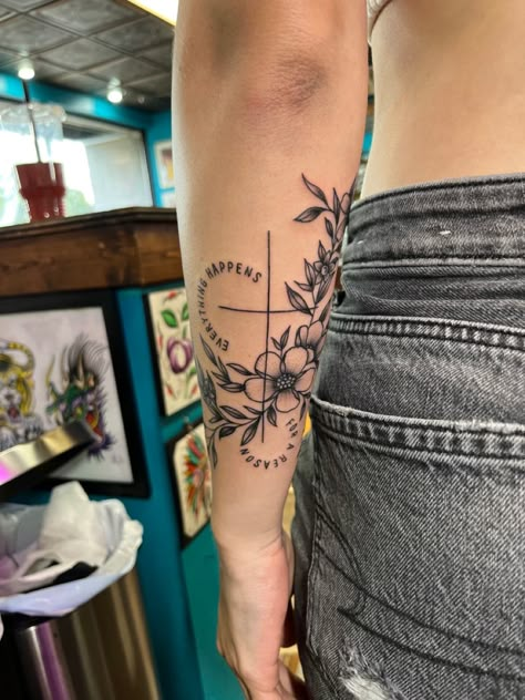 Tattoo Ideas For Upper Arm Women, Quarter Sleeve Tattoos For Women Christian, Flower Of Hope Tattoo, Biblical Floral Tattoos, Womens Upper Sleeve Tattoo, Ywhw Lungs Tattoo, Underside Forearm Tattoo, Side Arm Quote Tattoos For Women, Find Someone Who Grows Flowers Spine Tattoo