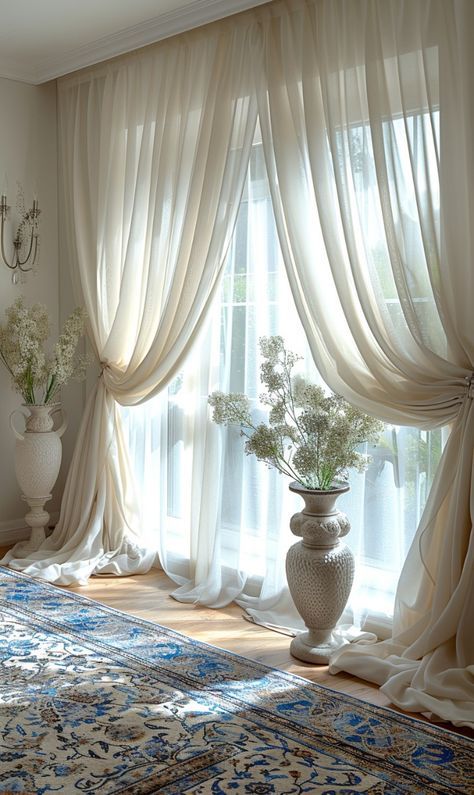 Romantic House Decor, Sheer Curtain Ideas, Curtain Designs For Bedroom, High Curtains, Romantic Living Room, Curtains Sheer, Elegant Curtains, Stylish Curtains, Room Curtains