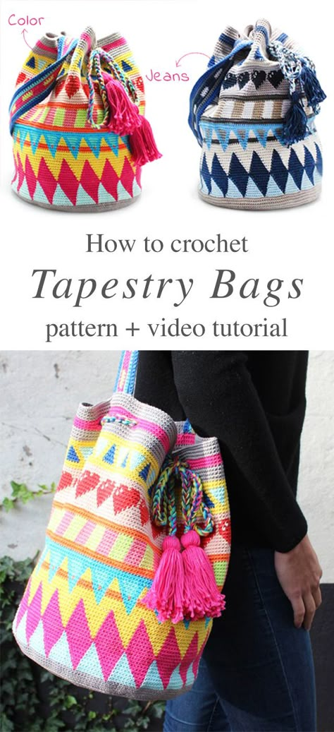 Mochila Bag Tapestry Crochet Free Pattern Video Tutorial | Crochet & Knit by Beja - Free Patterns, Videos + How To Wayuu Bags Pattern, Tote Crochet, Mochila Crochet, Tapestry Bags, Mochila Bag, Free Crochet Bag, Crochet Shell Stitch, Confection Au Crochet, Crochet Bag Pattern Free