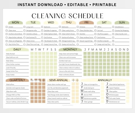 Minimalist simple cleaning schedule to help with household chores. Help keep your cleaning schedule organized in a clean easy way. Keep your week, month, and yearly chores organized with this editable chart you can personalize to fit your needs. The clear simple layout will help you accomplish the goals you are after for your home. The checklist helps you set goals and tackle each task. Effortlessly customize and start your cleaning routine! ** DIGITAL DOWNLOAD ** Size 8.5 x 11  ---------------- Chore Calendar For Adults, Chore Chart For Adults, Household Chores Chart, Adult Chore Chart, Editable Cleaning Schedule, Chore Organization, Monthly Cleaning Checklist, Easy Cleaning Schedule, Chores Chart