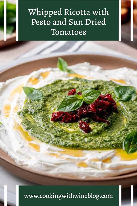 Delve into the luxurious world of "Whipped Ricotta with Pesto and Sun Dried Tomatoes"! This easy and delicious treat will redefine your concept of a perfect appetizer. Fresh homemade basil pesto melds with creamy ricotta to create a dish your taste buds will crave. Craving for more? Visit the blog and discover the joy of cooking! Ricotta Pesto Dip, Appetizers With Pesto, Pesto Ricotta, Sundried Tomato Dip, Date Night Dinner Ideas, Homemade Basil Pesto, Ricotta Dip, Phyllo Dough Recipes, Wine Blog