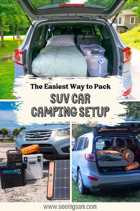 Discover expert tips on maximizing space and organization for your next car camping adventure. Learn what essentials to pack and how to fit it all in you small SUV. Camping In An Suv, Camping In Your Suv, Suv Car Camping Setup, Car Camping Setup Ideas, Car Camping Set Up, Suv Camping Setup, Road Trip Car Set Up, Suv Camping Hacks, Camping In Suv