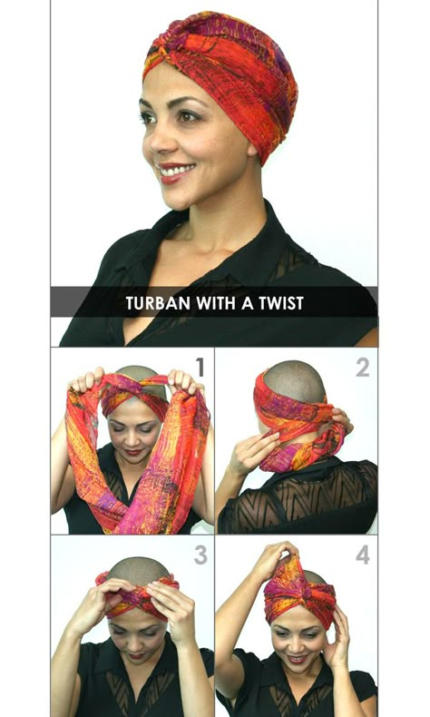 How to Tie a headscarf - Turban with a Twist...Your Mom had to learn all these tricks after she had radiation for 7 weeks (March 2008). All her hair fell out, in the morning her pillow was full of hair... Tie A Turban, Chemo Scarves, Headwrap Tutorial, Head Scarf Tying, Ladies Head Scarf, Head Wrap Styles, Hair Wrap Scarf, Hair Scarf Styles, Mode Turban