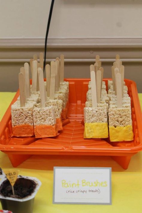 Rice Crispy Paint Brushes, Paint Brush Rice Crispy Treats, Construction Party Taco Bar, Im Two And Digging It Party, 5th Birthday Construction Theme, Rubble Themed Birthday Party, Building Party Theme, Construction Pool Party, Construction Birthday Treats