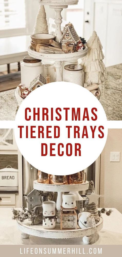 Best and cutest tiered tray Christmas decor. Christmas decorations and Christmas centerpiece ideas. Christmas ornaments, mugs, signs, farmhouse, Rae Dunn, gingerbread houses, bottle brush trees and much more. Christmas tiered tray decor ideas for your 2 tiered tray and 3 tiered tray. White, neutral, copper red and green ideas. Farmhouse, retro, country, rustic, cottage and many more styles. Tray Christmas Decor, Christmas Tray Decor, Christmas Trays, Tiered Tray Christmas, Tray Decor Ideas, Tray Decor Christmas, Christmas Tiered Tray, Farmhouse Tiered Tray, Diy Christmas Tree Topper