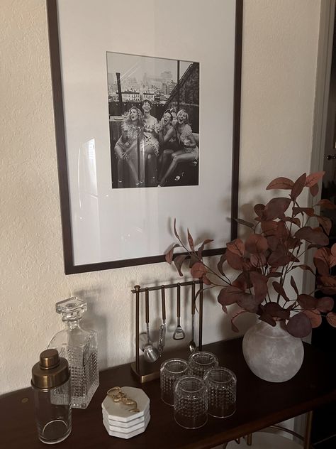 Gallery Wall Bar Cart, Bar Cart Tray, Men’s Bar Cart, Masculine Bar Cart, Bar Tray Styling, Black And White Bar Cart, Bar Cart Decor Ideas, Bar Cart Inspo, Holiday Bar Cart