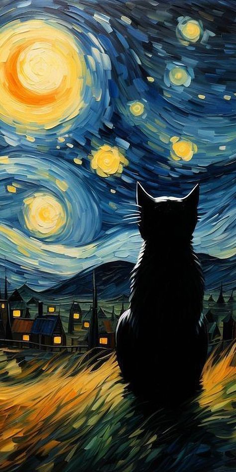 cats phone wallpapers فنسنت فان جوخ, Van Gogh Wallpaper, Meow Art, Starry Night Wallpaper, Vincent Willem Van Gogh, Cat Phone Wallpaper, Black Cat Painting, Van Gogh Style, Starry Night Art