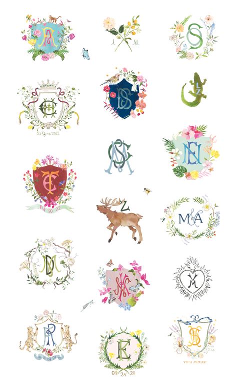 Crests + Monograms — Julie King Studio Watercolor Wedding Monogram, Julie King Studio, Couple Monogram Design, Wedding Crest Monogram, Initials Wedding Invitation, Watercolor Font, Julie King, Whimsical Wedding Invitations, Celebration Board