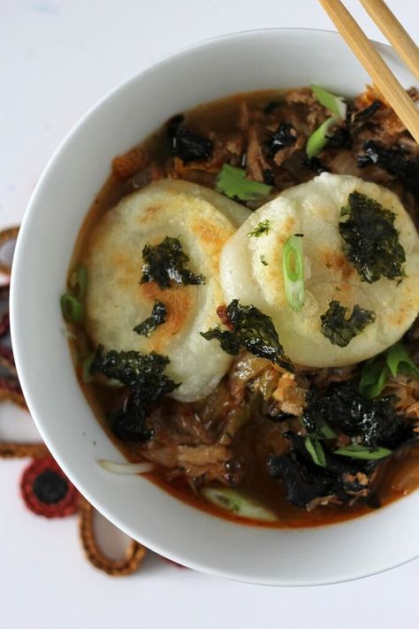 Kimchi Soup with Seaweed and Fresh Mochi - Delicious Not Gorgeous Kimchi Soup Vegan, Kimchi Stew, Vegan Kimchi Stew, Tuna Kimchi Stew, Radish Kimchi Recipe Maangchi, Soup Dish, Dried Mushrooms, Steamed Rice, Roasted Brussel Sprouts