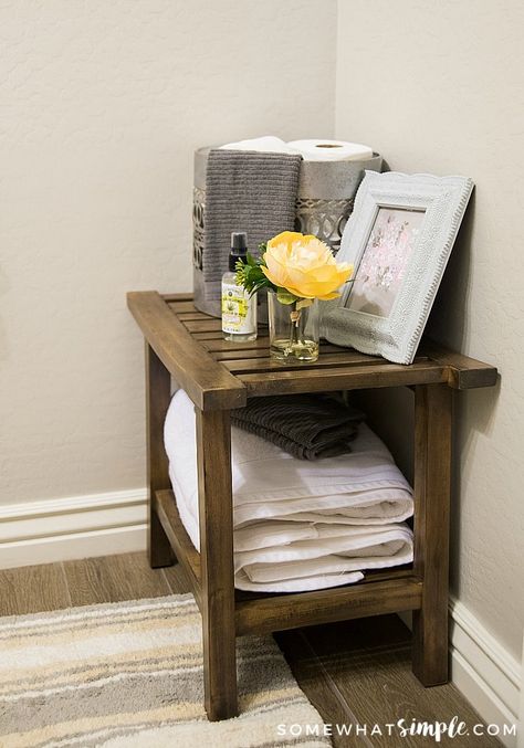 Small Table In Bathroom Ideas, Bathroom Table Small Corner, Bathroom Small Table Ideas, Tiny Table For Bathroom, Bathroom Chair Ideas, Bathroom Small Table, Powder Room Furniture, Small Table For Bathroom, Small Stool In Bathroom