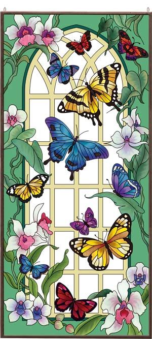 Art Panel-APM605R-Butterfly Garden - Butterfly Garden Butterfly Garden Art, Garden Butterfly, Mosaic Pictures, Butterflies And Flowers, Pola Sulam, Butterfly Painting, Mosaic Wall Art, Butterfly Flower, Stained Glass Window