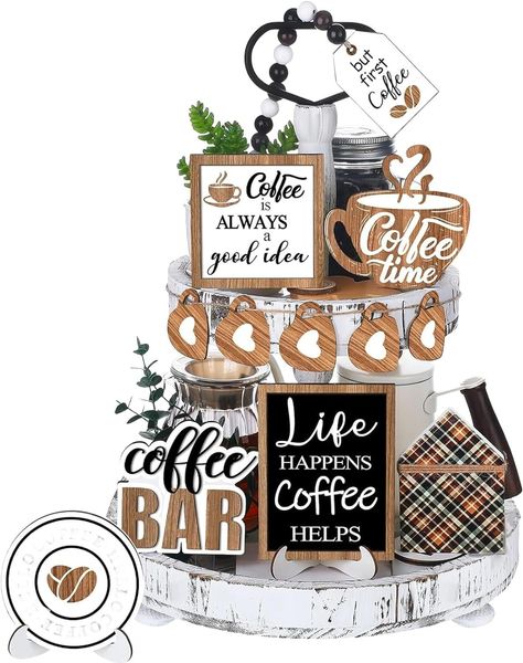 PRICES MAY VARY. ☕【Coffee Tiered Tray Decor 】 Coffee bar tiered tray decor decorations for home are designed with coffee theme elements and vibrant colors, classic and adorable, and printed funny and warm letters, and harmoniously matched together, bringing a lively and active atmosphere to your house. ☕【Reliable Materials】 These coffee cups tiered tray decor are made of high quality wood material. They have good stability, smooth surfaces, comfortable, reliable, non -deformation, beautiful shap Coffee Tiered Tray Decor, Coffee Tiered Tray, Coffee Ornaments, Bandeja Bar, Farmhouse Coffee Bar, Bar Tray, Coffee Bars In Kitchen, Coffee Theme, Coffee Bar Signs